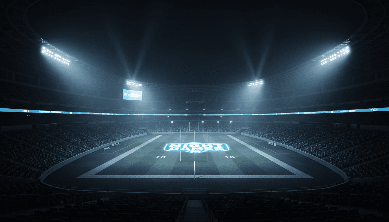 Dark stadium at night illuminated by electric blue floodlights