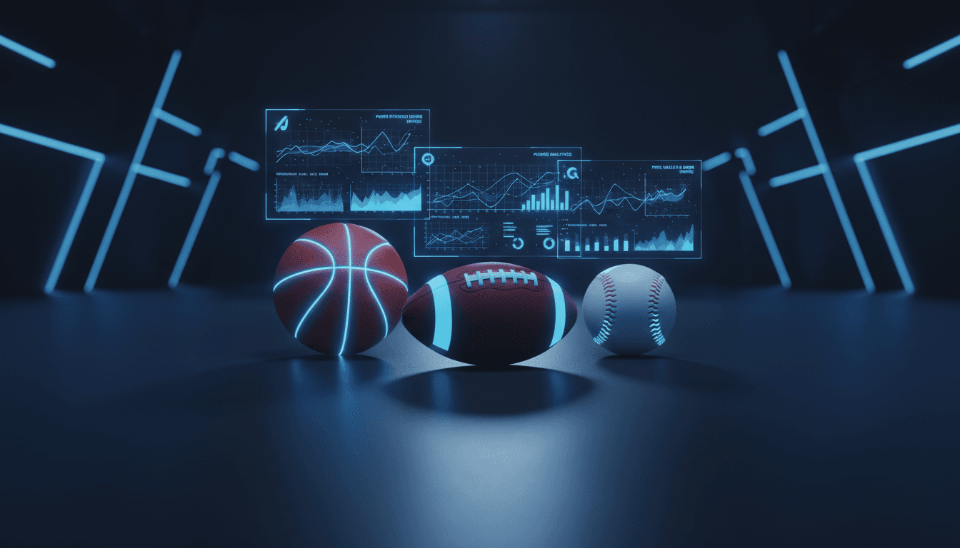 Basketball, football, and baseball on a dark navy surface with glowing blue data projections overhead