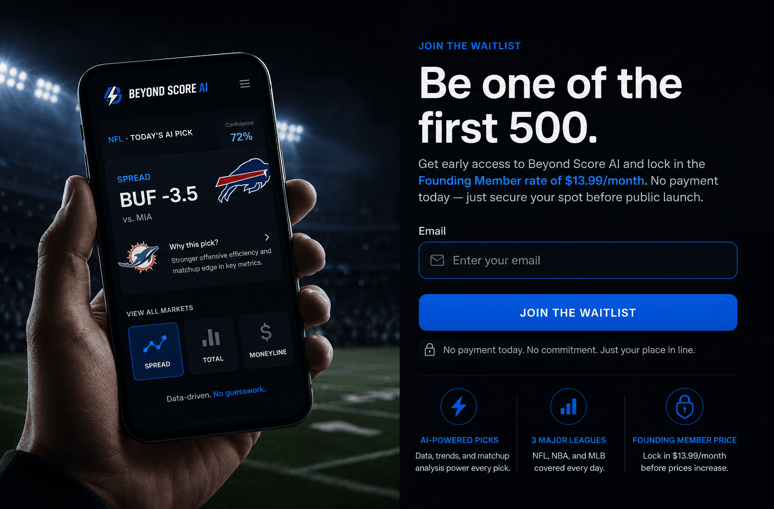 Hand holding a smartphone displaying Beyond Score AI sports picks next to a waitlist signup.